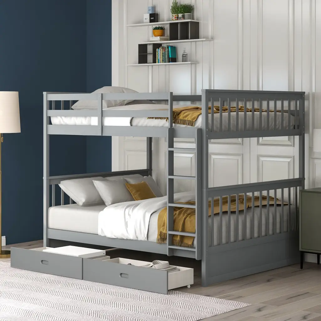Full Over Full Bunk Bed Ladders and Two Storage Drawers Gray lucky furniture