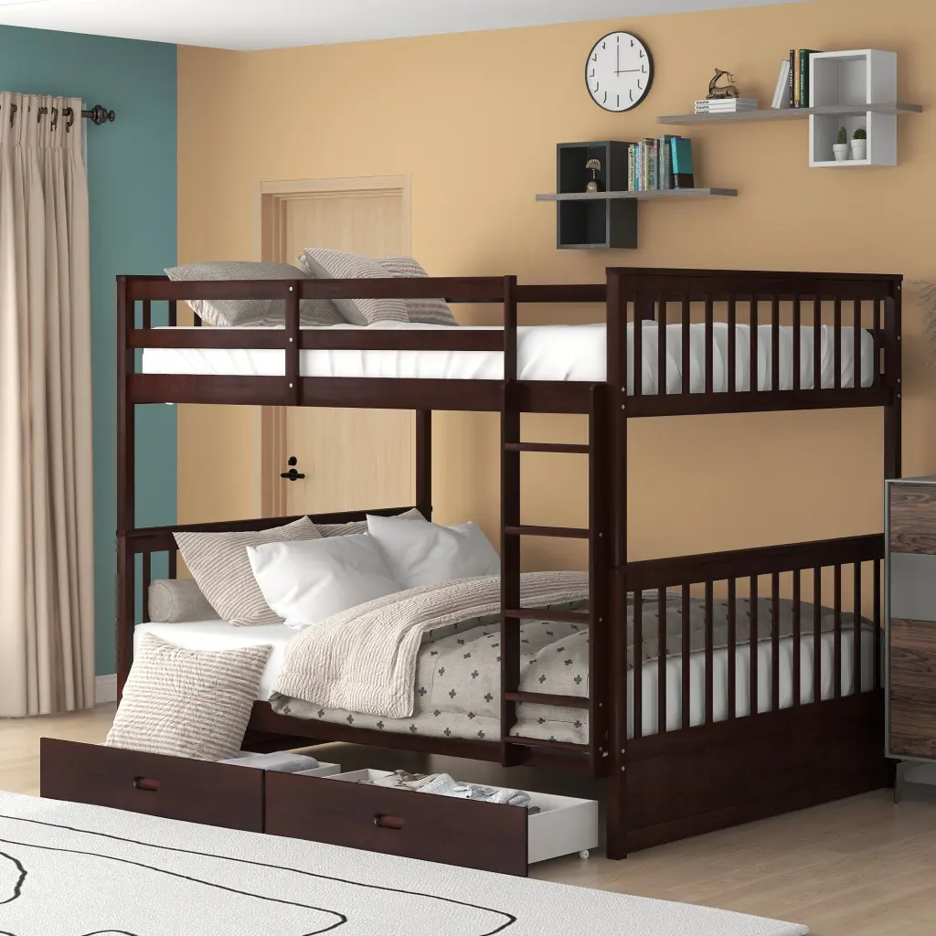 Full Over Full Bunk Bed Ladders and Two Storage Drawers Espresso Finish Space Saving Solution lucky furniture
