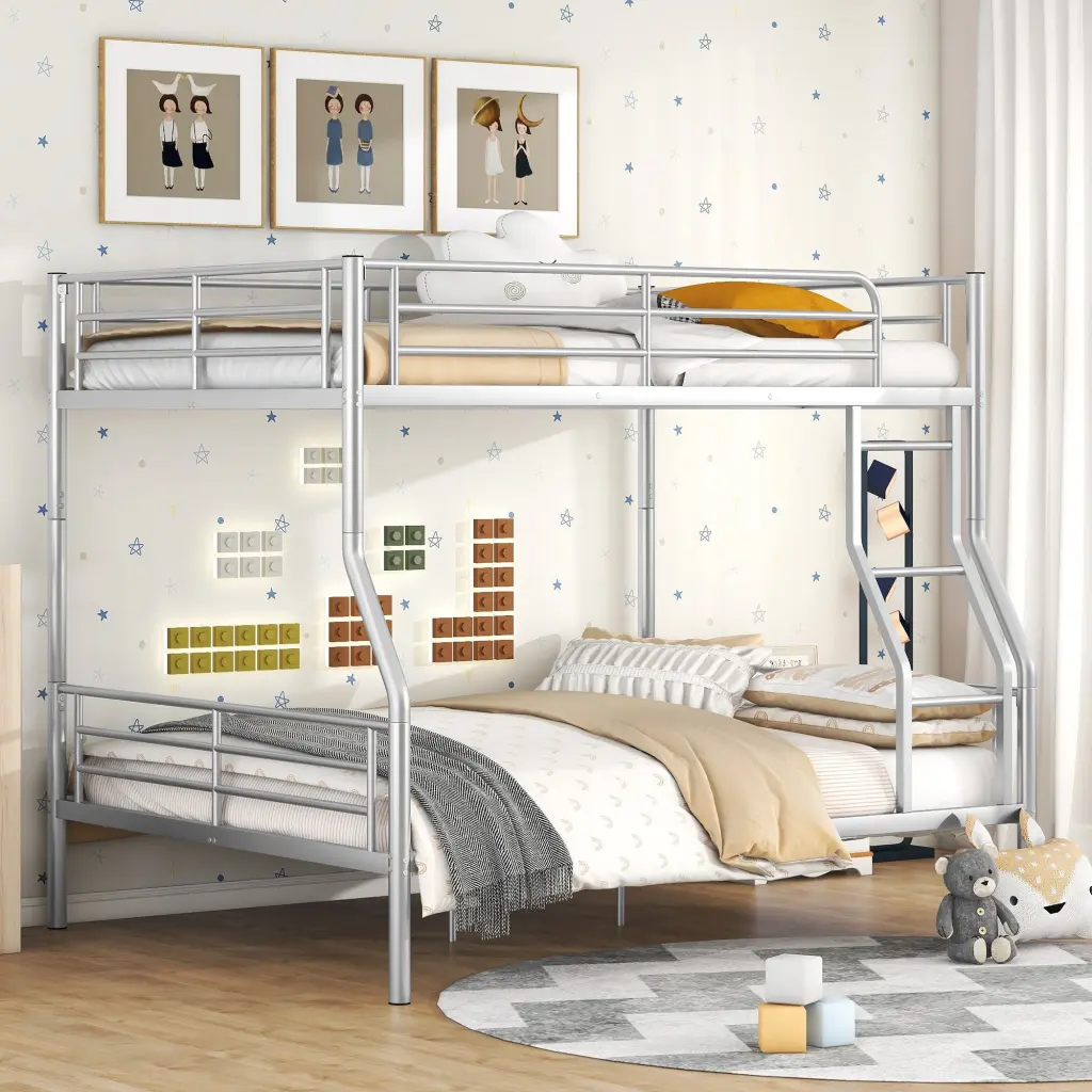 Full XL Over Queen Metallic Bunk Bed Silver Shiny Metal Frame lucky furniture