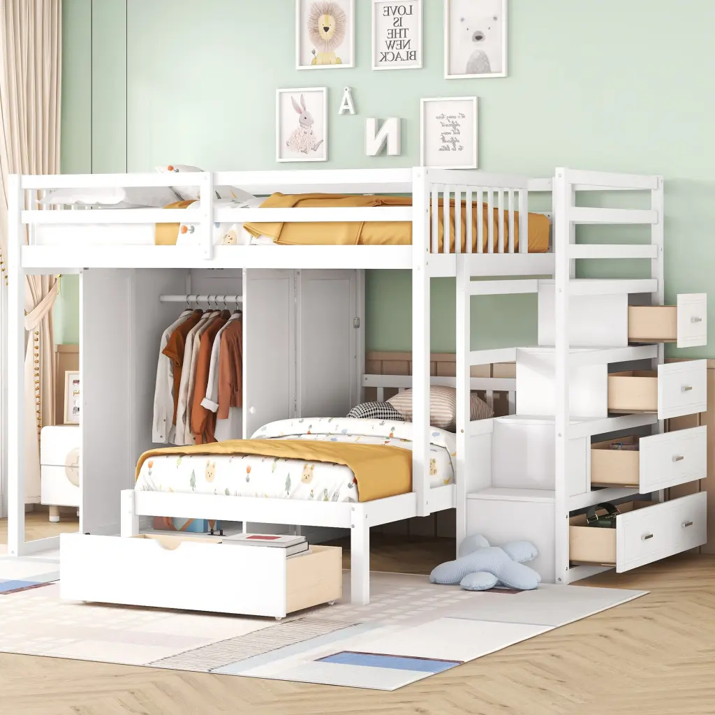Full Over Twin Bunk Bed Wardrobe Drawers White Solid Wood lucky furniture