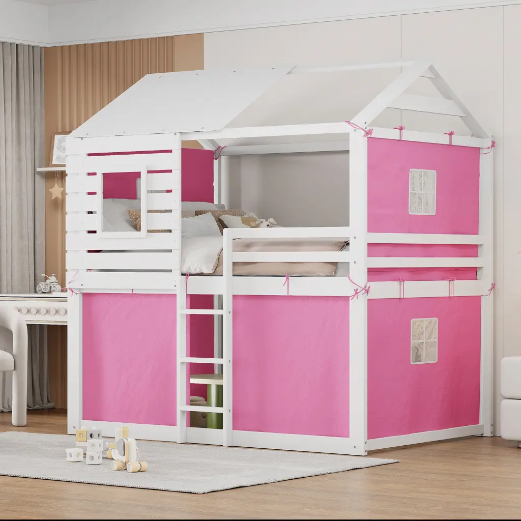 Full Size Bunk Wood Houtilize Bed Tent Pink White Kids Bedroom Furniture lucky furniture