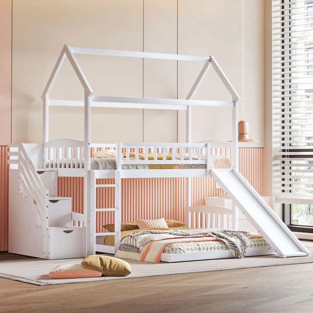 Twin Over Twin Bunk Bed Drawers and Slide - Fun and Functional Kids House Bed lucky furniture