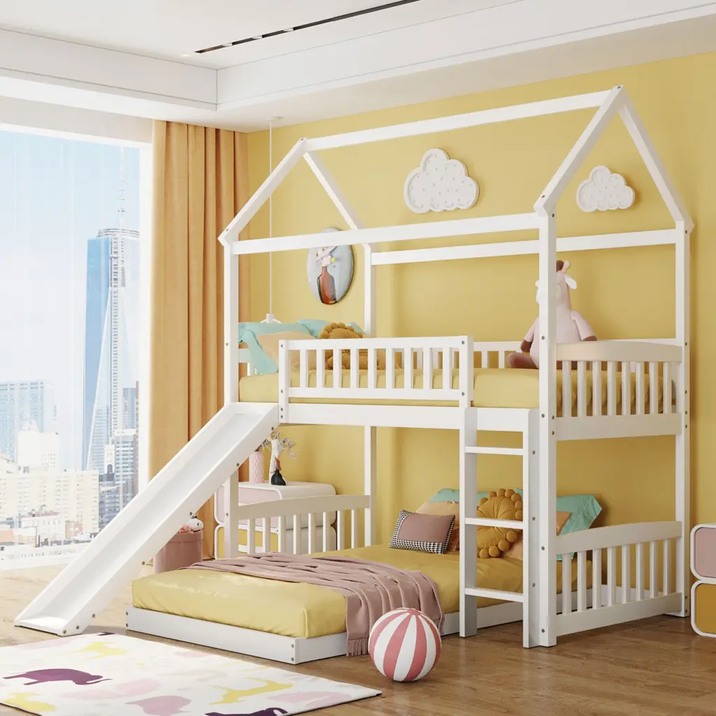 Twin Over Twin Bunk Bed Slide House Bed Kids White Finish lucky furniture