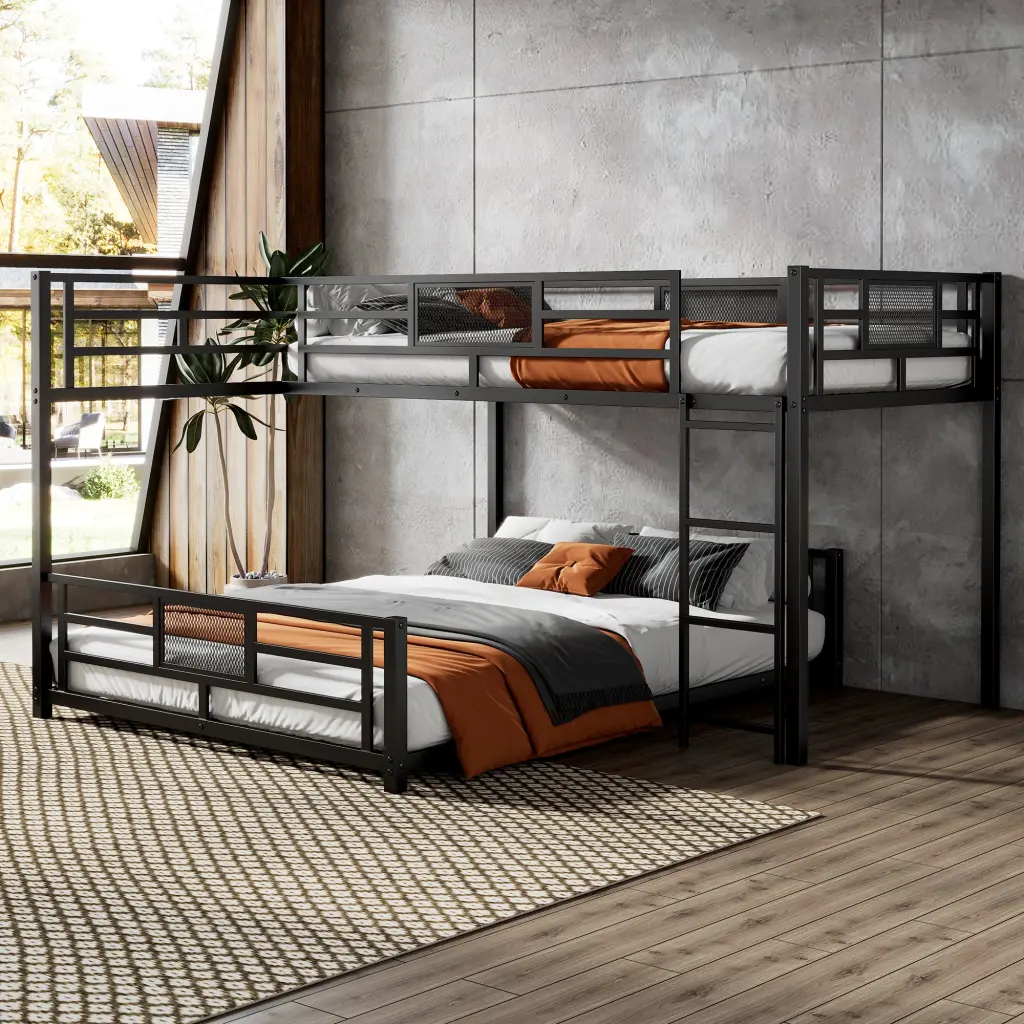 L Shaped Metallic Twin Over Full Bunk Bed Black Finish Box Spring Not Required wm dreamland