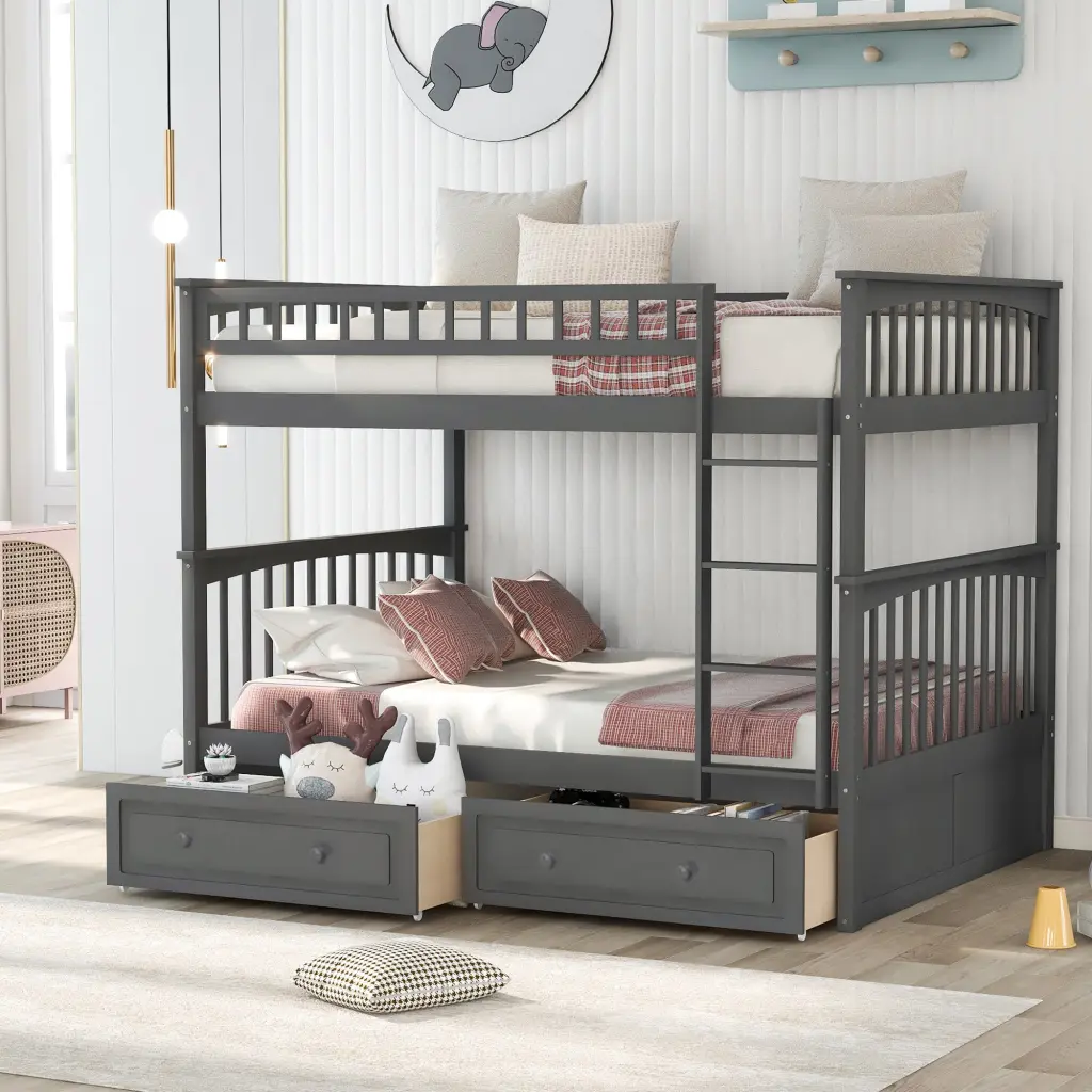 Full Over Full Bunk Bed Drawers Convertible Beds Gray Space Saving wm store