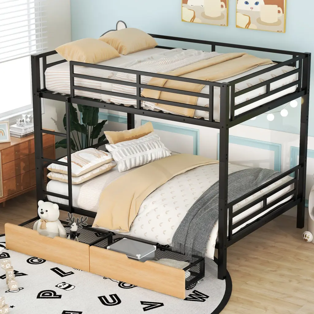Metallic Full Dimensions Convertible Bunk Bed 2 Drawers Black Box Spring wm store