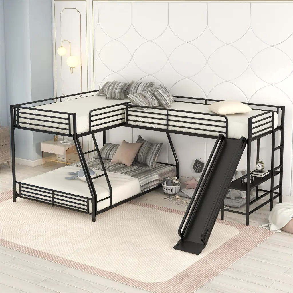 L Shaped Twin Over Full Bunk Bed Built Desk Loft Bed Kids wm store