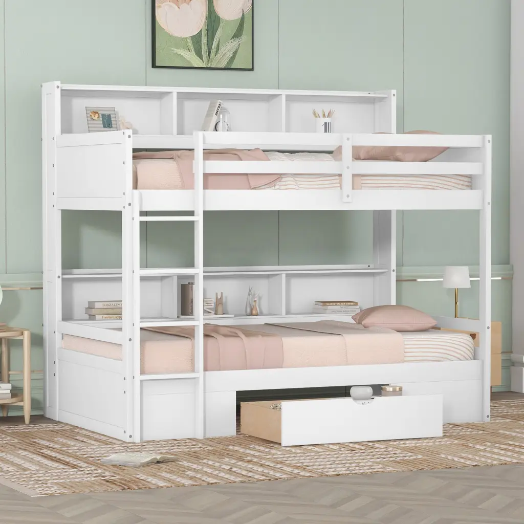 Twin Dimensions Bunk Bed Built Shelves Beside Both Upper And Lower Beds wm store