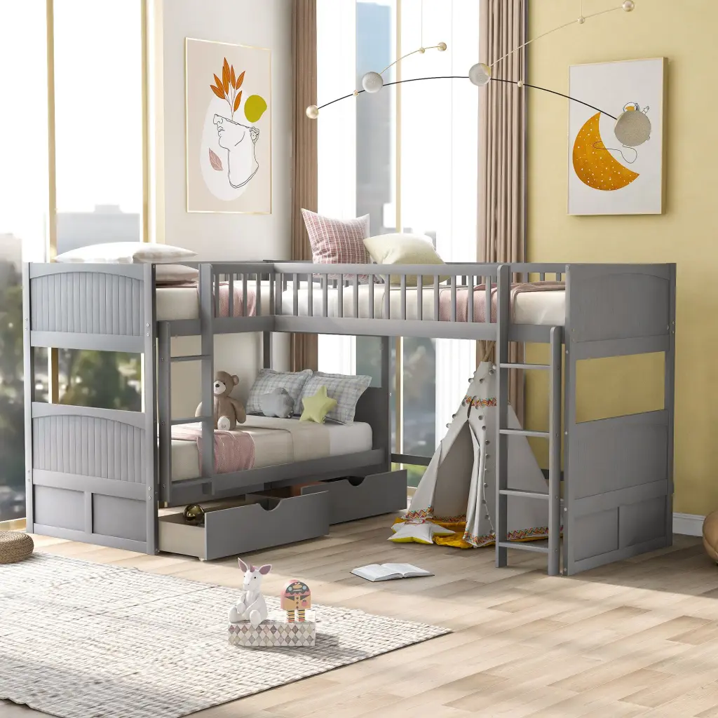 Twin Dimensions Bunk Bed Loft Bed Attached Two Drawers Gray wm store