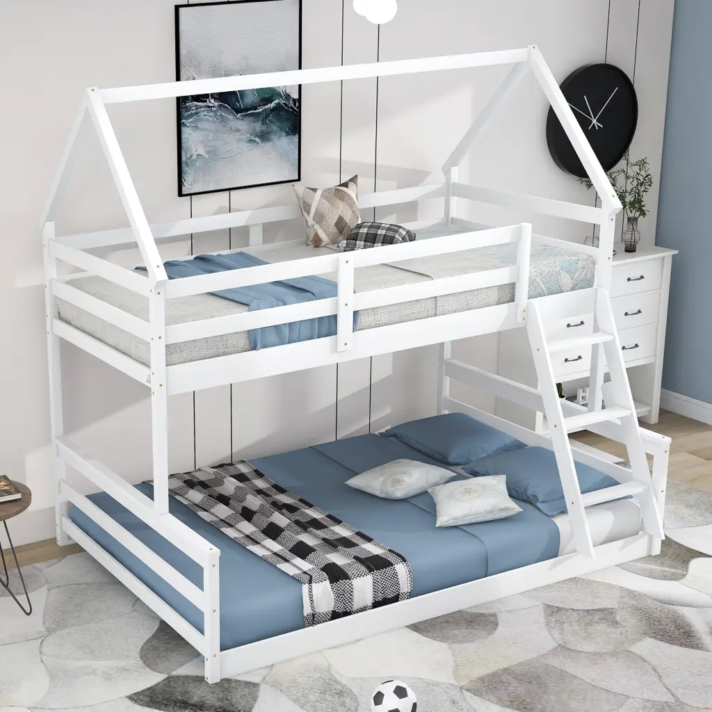 Twin Over Full House Bunk Bed Built Ladder White White Pine wm store