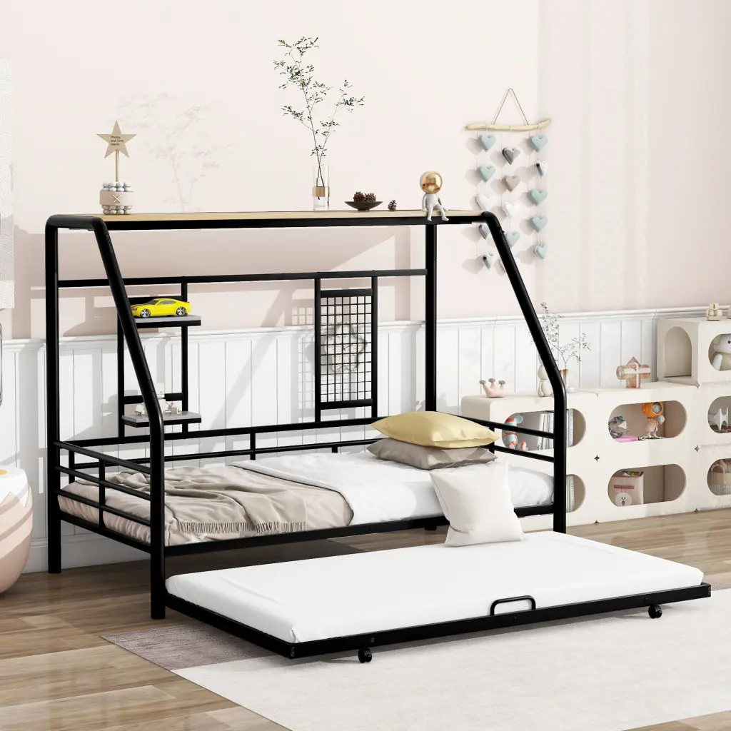 Twin Metal Houtilize Bed Trundle Black Frame lucky world