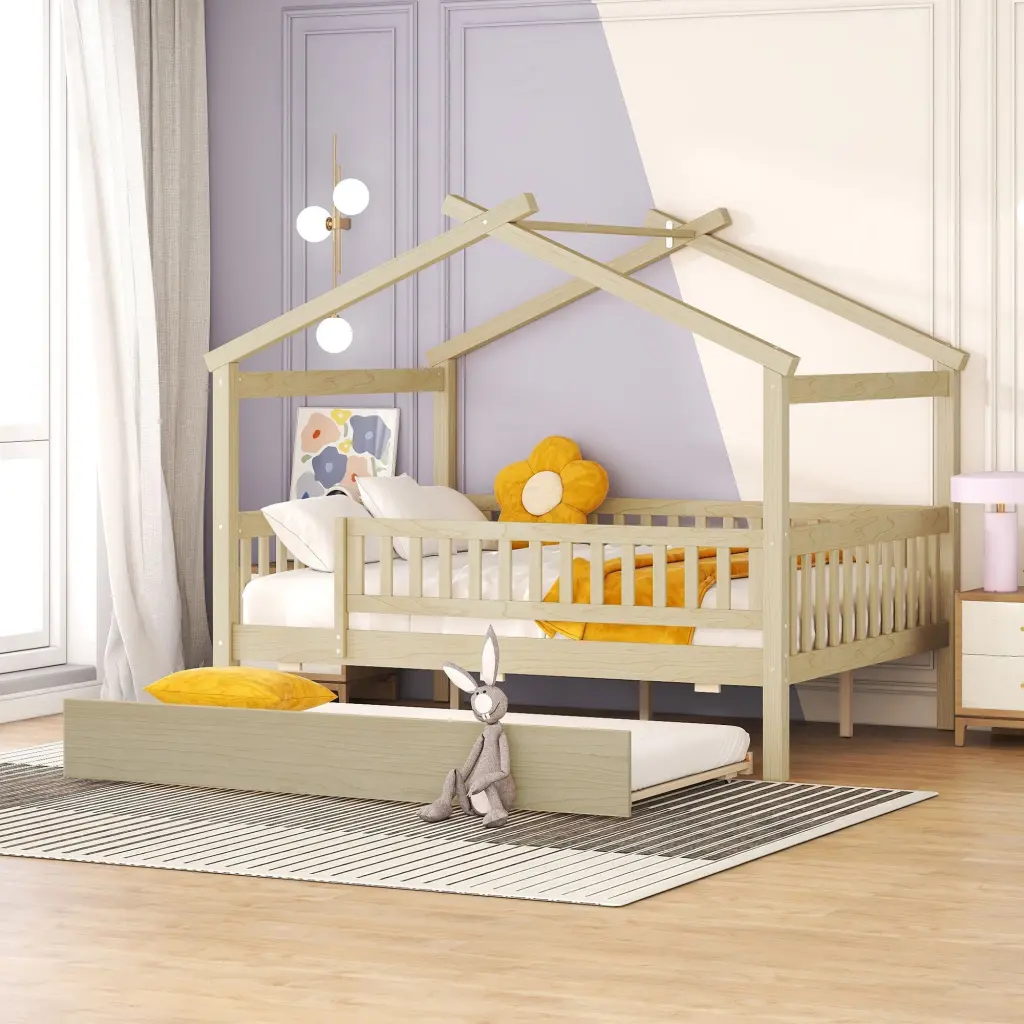 Full Size Wooden Houtilize Bed Twin Trundle Natural Finish Kids Bed lucky furniture