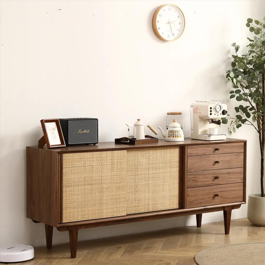 Two Door Four Drawer Cabinet Natural Rattan Weaving Black Walnut furnisoar lifestyle