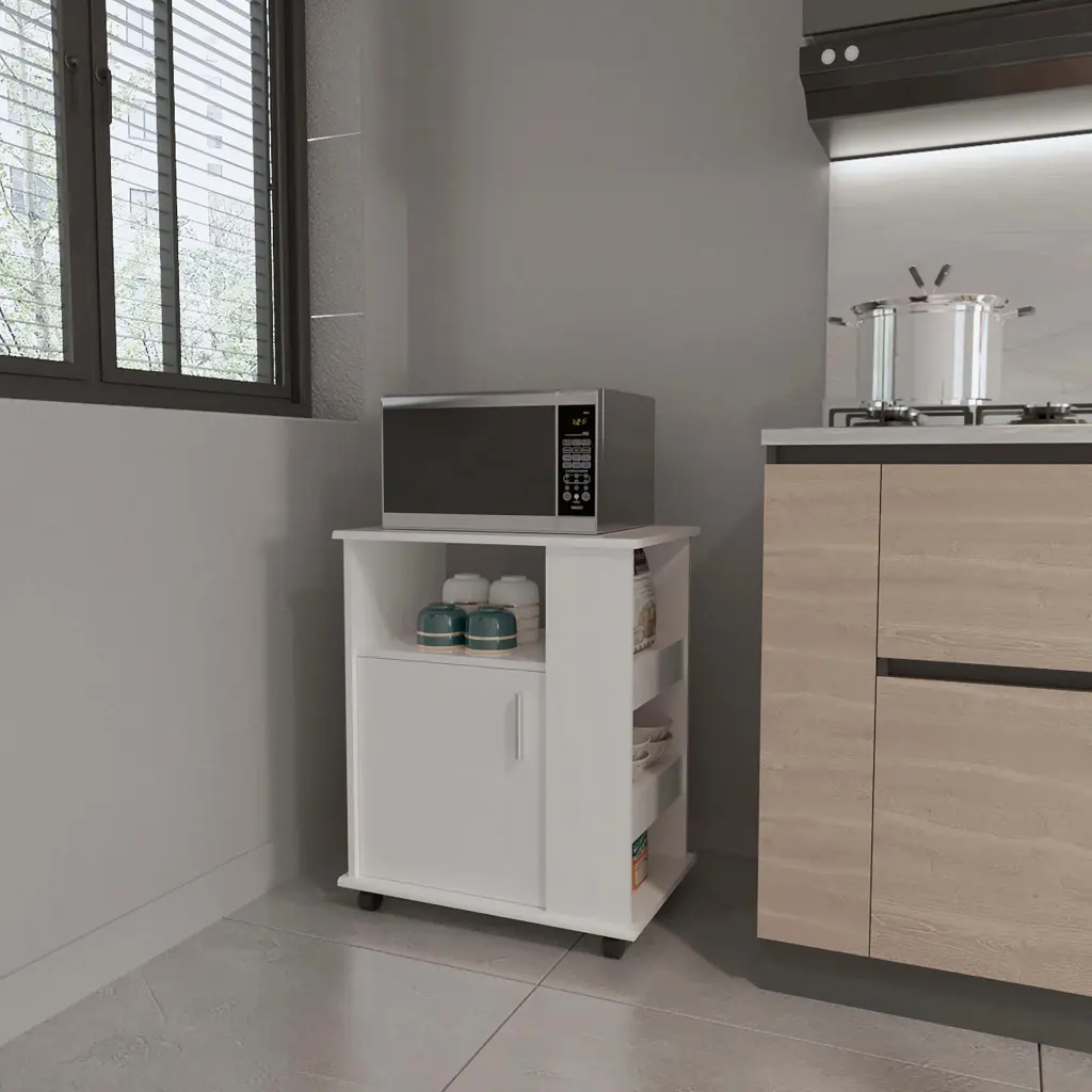 Correy 4 Shelf Oven Cabinet Caster White Particle Board Storage Unit furniture max