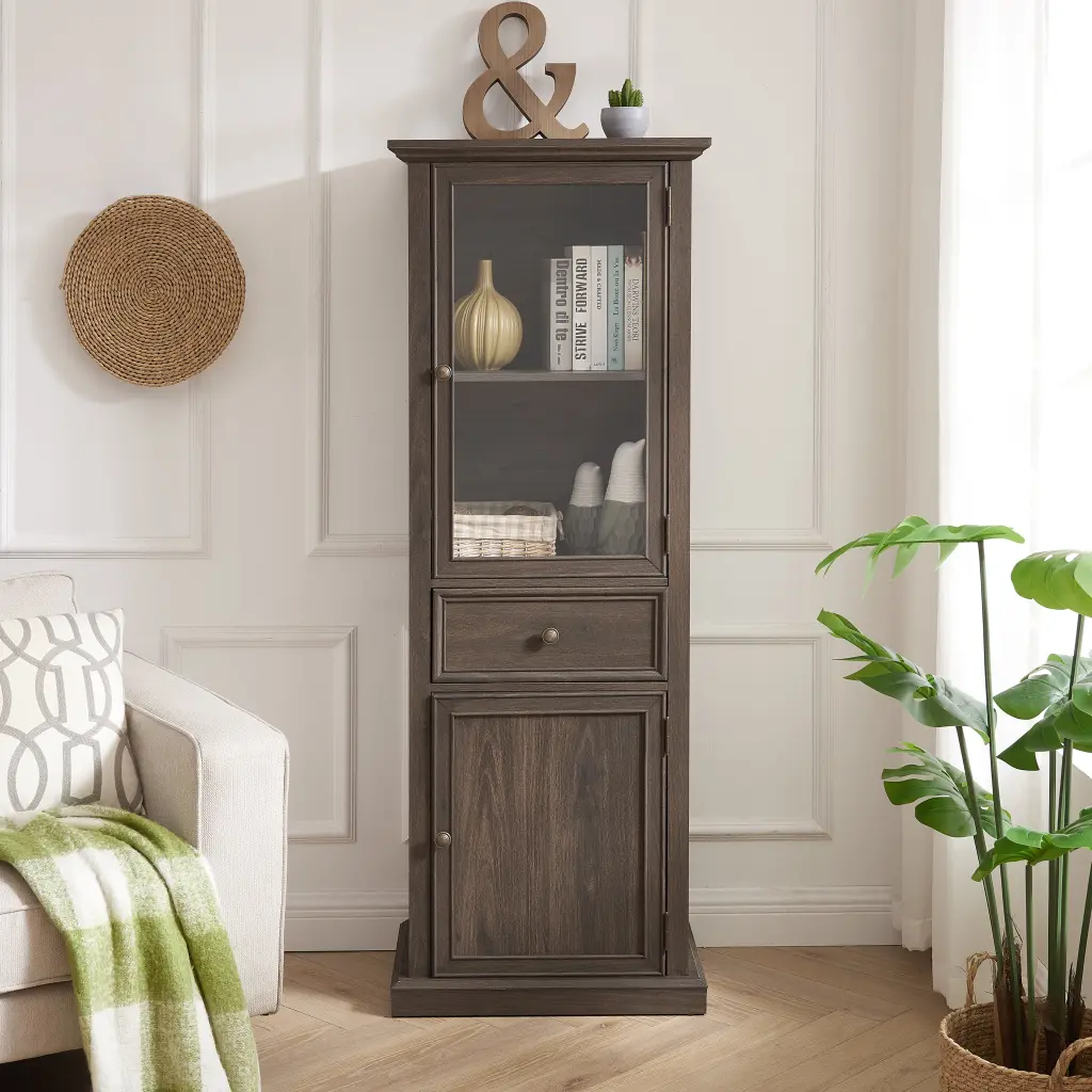 Tall Storage Cabinet Freestanding Glass Door and Shelves Display wande furniture
