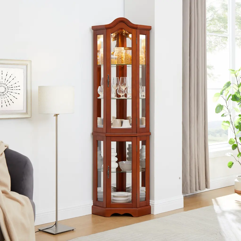 Corner Curio Cabinet Lights Customizable Tempered Glass Shelves Modern Design harmony