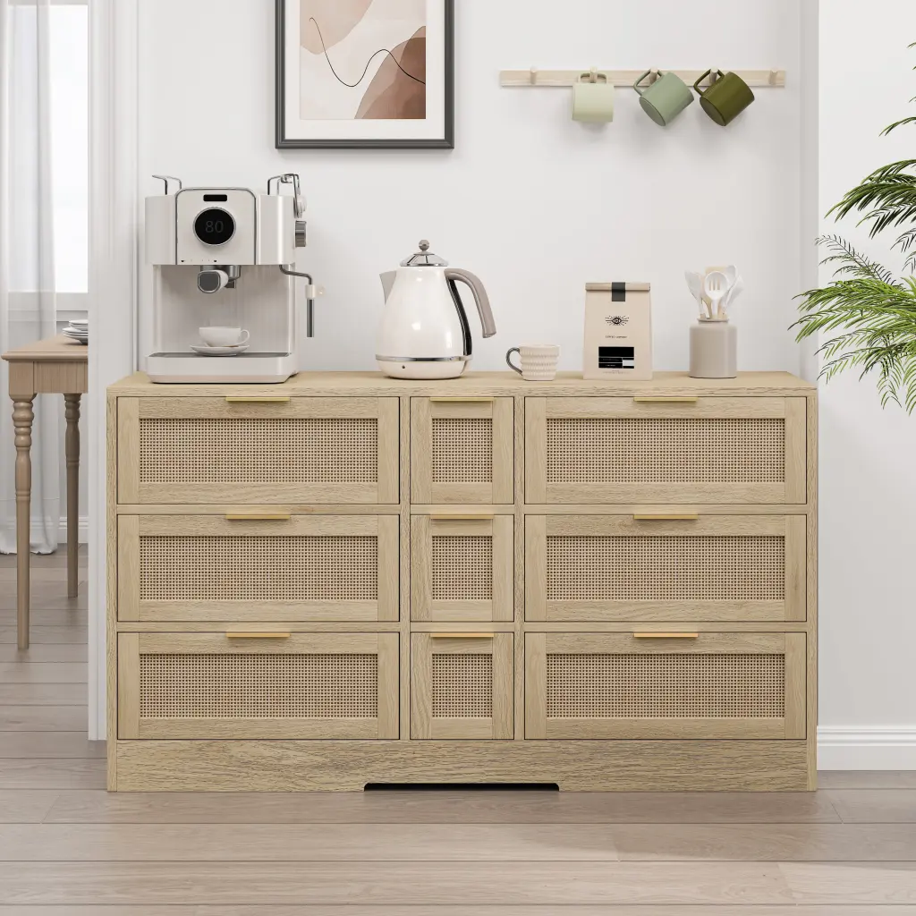 51.2 Inch Rattan Locker 9 Drawers Metallic Handles Kitchen Storage spribung