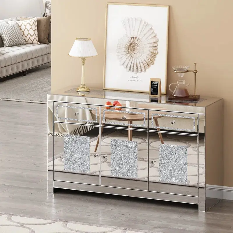 53.15 Inch Mirrored Glass Sideboard 3 Drawers and 3 Doors - Silver Dining Storage glam furniture