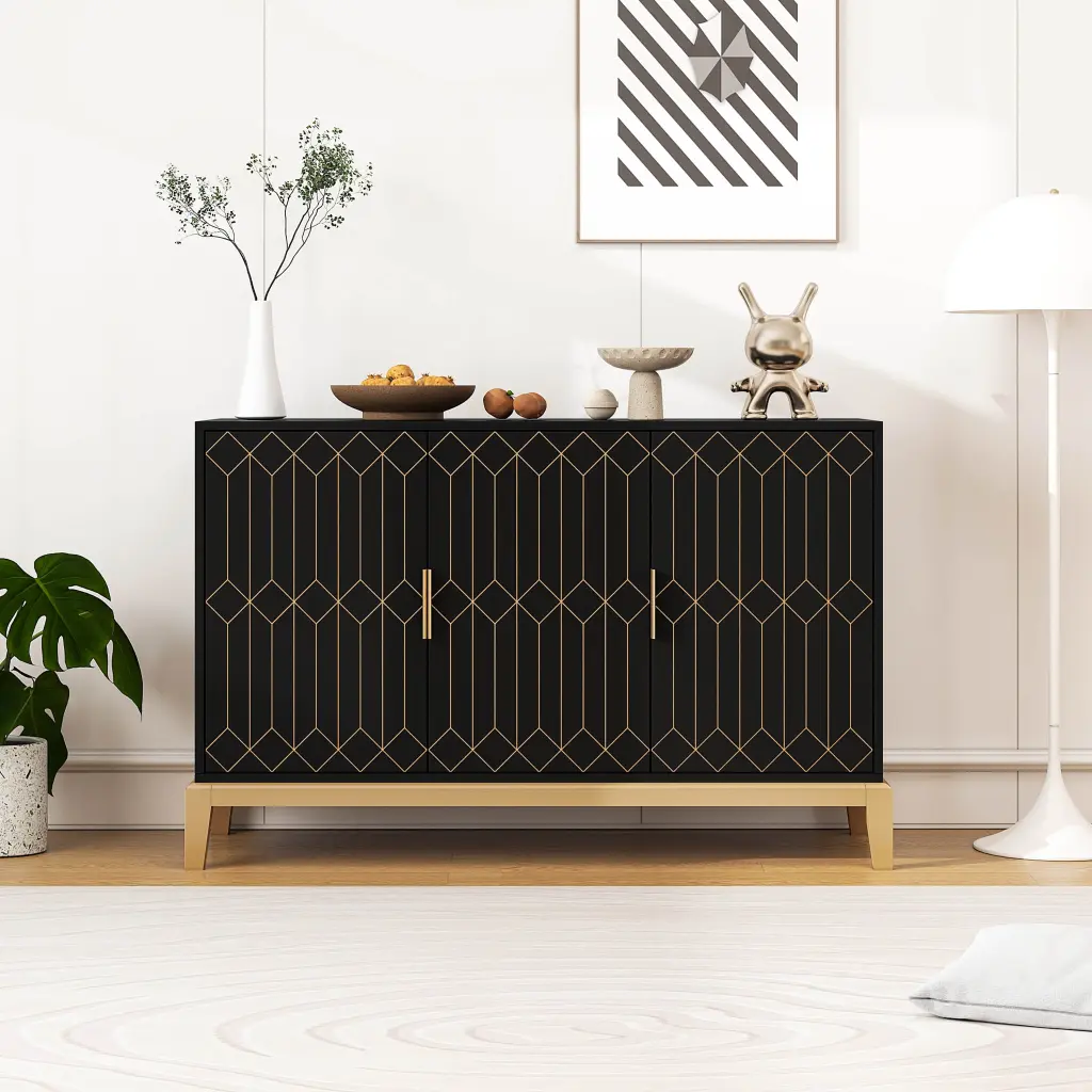 Carved Line 3 Door Storage Cabinet Sideboard Buffet Adjustable Shelves rnb