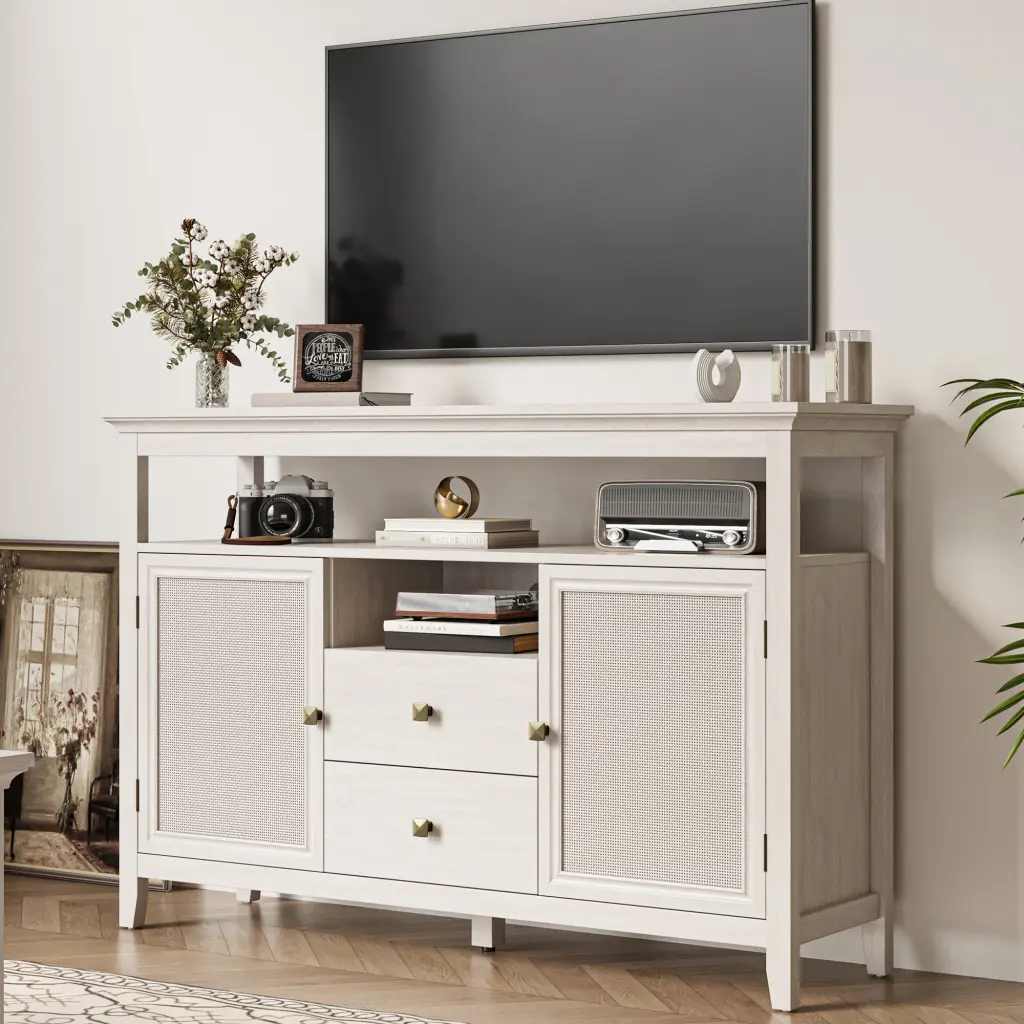 52.8 Inch Rattan Sideboard Boho Farmhouse Storage Cabinet Customizable Shelves tradeber