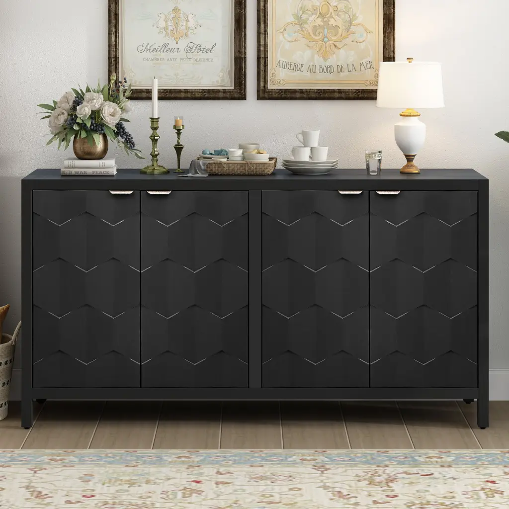 Luxury Four Door Sideboard Honeycomb Patterned Doors Modern Storage Cabinet u_style