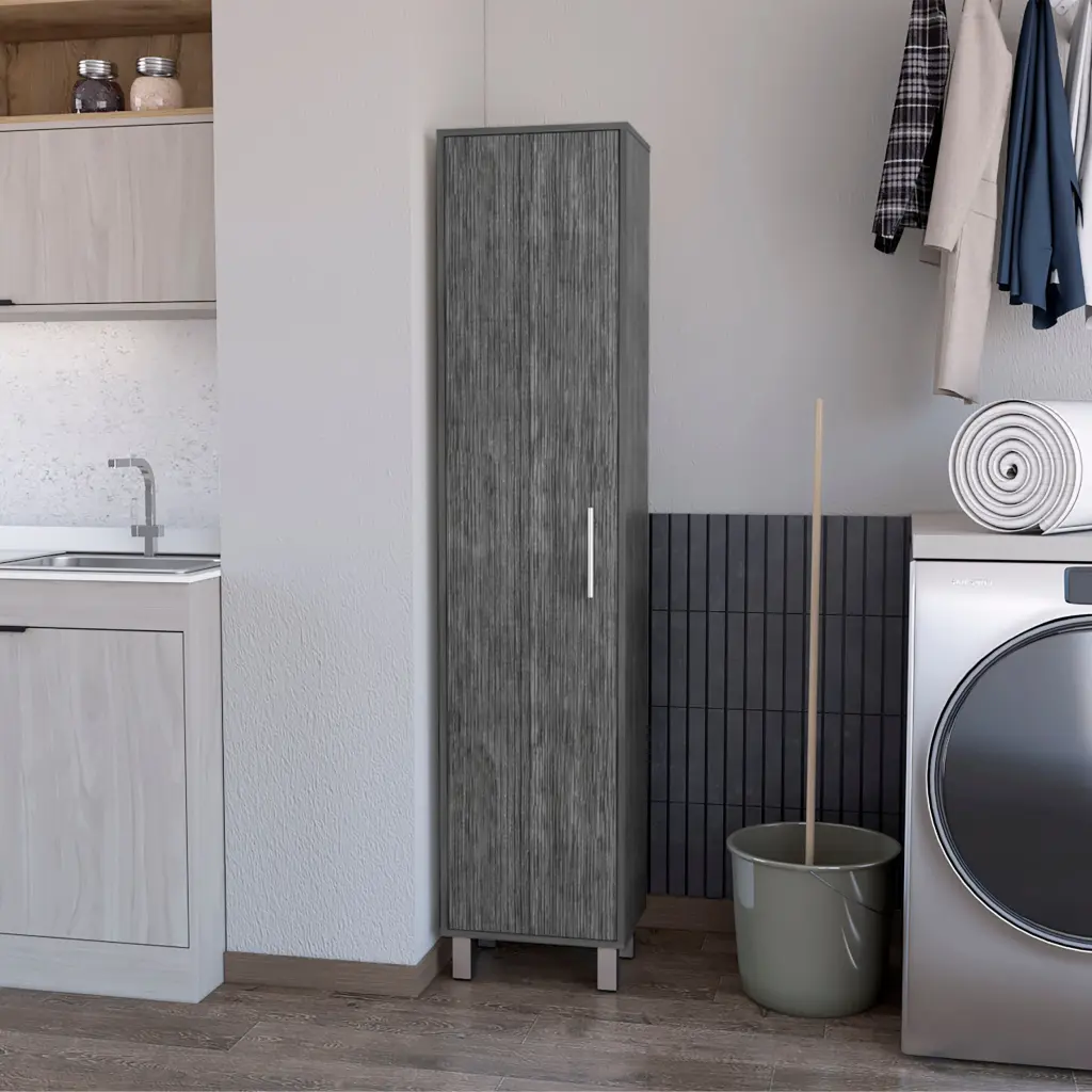 Lawen Tall Storage Cabinet Single Door 3 Broom Hangers Gray rta mubles colombia