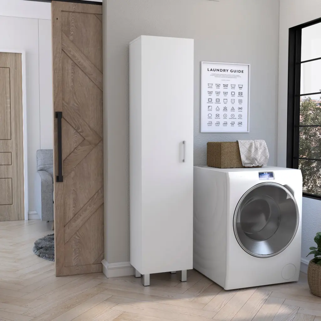 Vintro Storage Cabinet Broom Hangers and Metallic Handle White tuhome