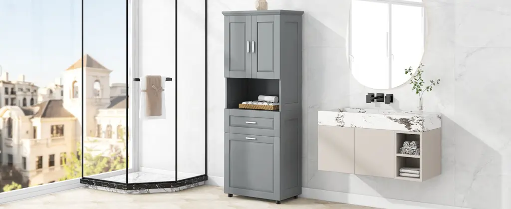 Tall Bathroom Cabinet Laundry Bin and Large Storage Space Tilt Out Design by