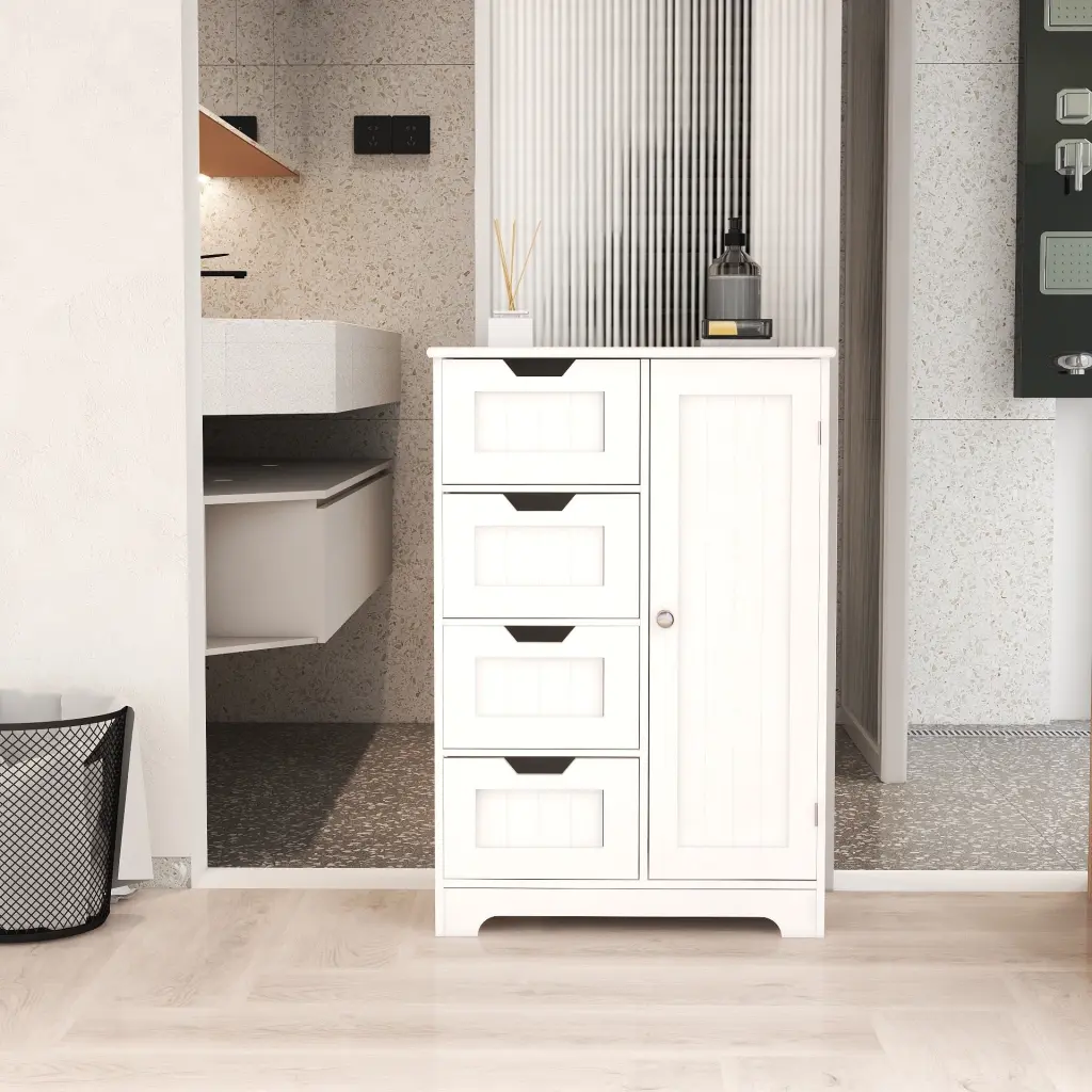 White Freestanding Floor Storage Cabinet 4 Customizable Shelves cl worthy houseware co.-ltd.