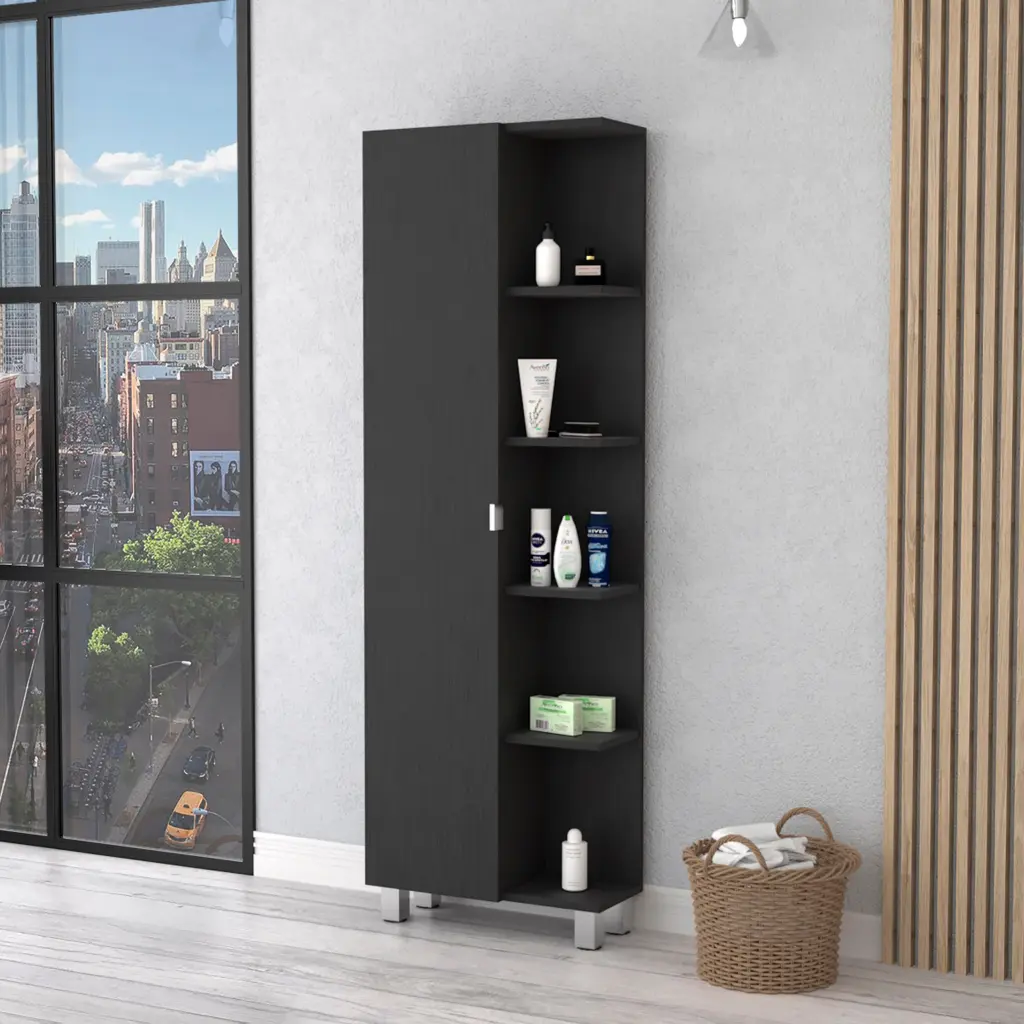 Los Angeles Linen Cabinet Five Shelves One Cabinet Black Storage fm furniture