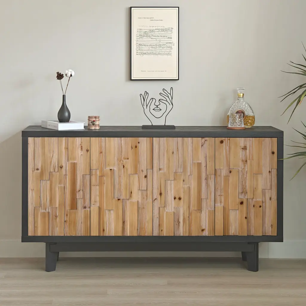 Modern Timberen 4 Door Storage Cabinet Textured Geometric Design Natural Wood Finish grandboard home