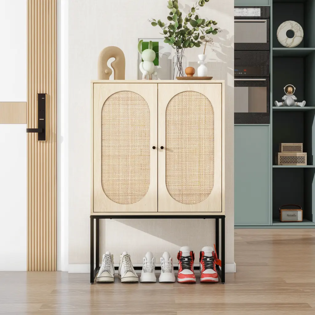 Allen 2 Door High Cabinet Rattan Design and Customizable Shelf milestone homelife