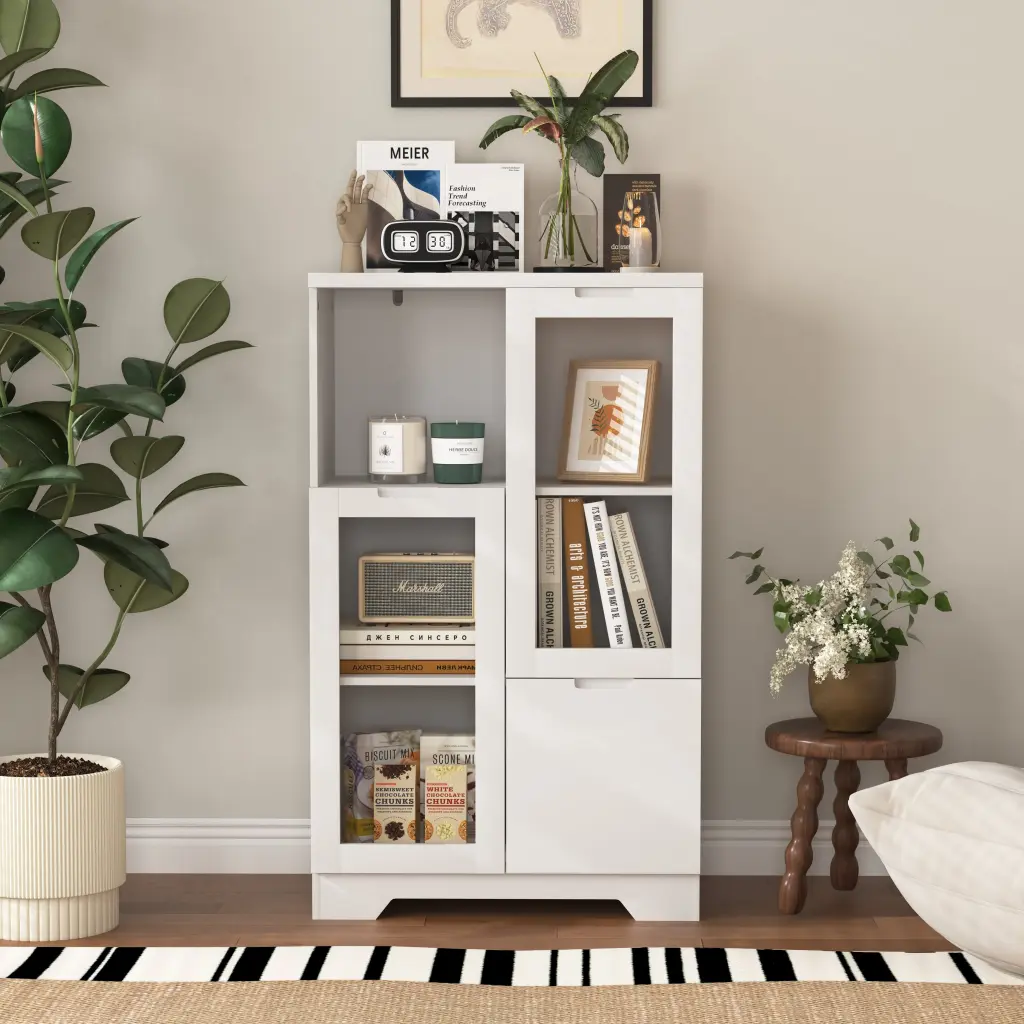 Timberen Floor Cabinet 2 Crystal Doors and 2 Storage Space White newmark