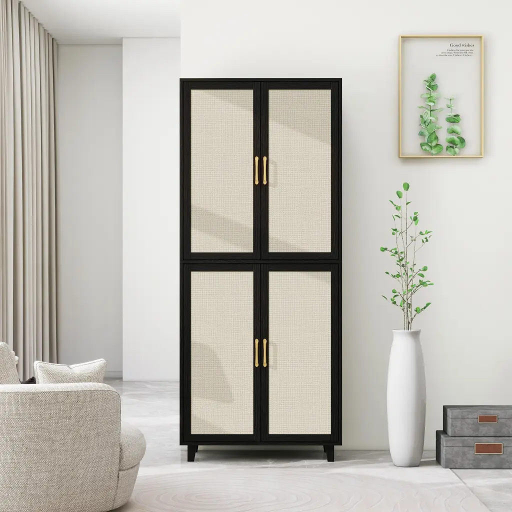 4 Door Storage Cabinet 4 Customizable Inner Shelves Black Finish Home or Office rnb
