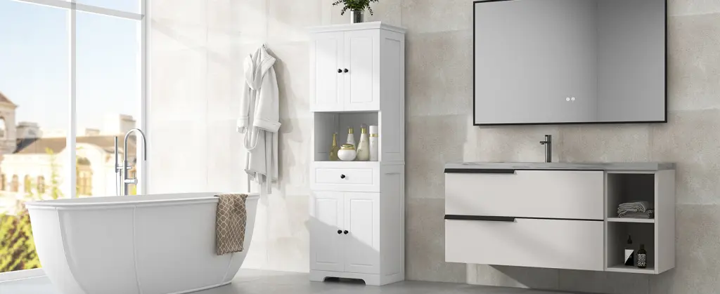 Tall Bathroom Cabinet 4 Doors and Open Shelves Large Storage Space rnb