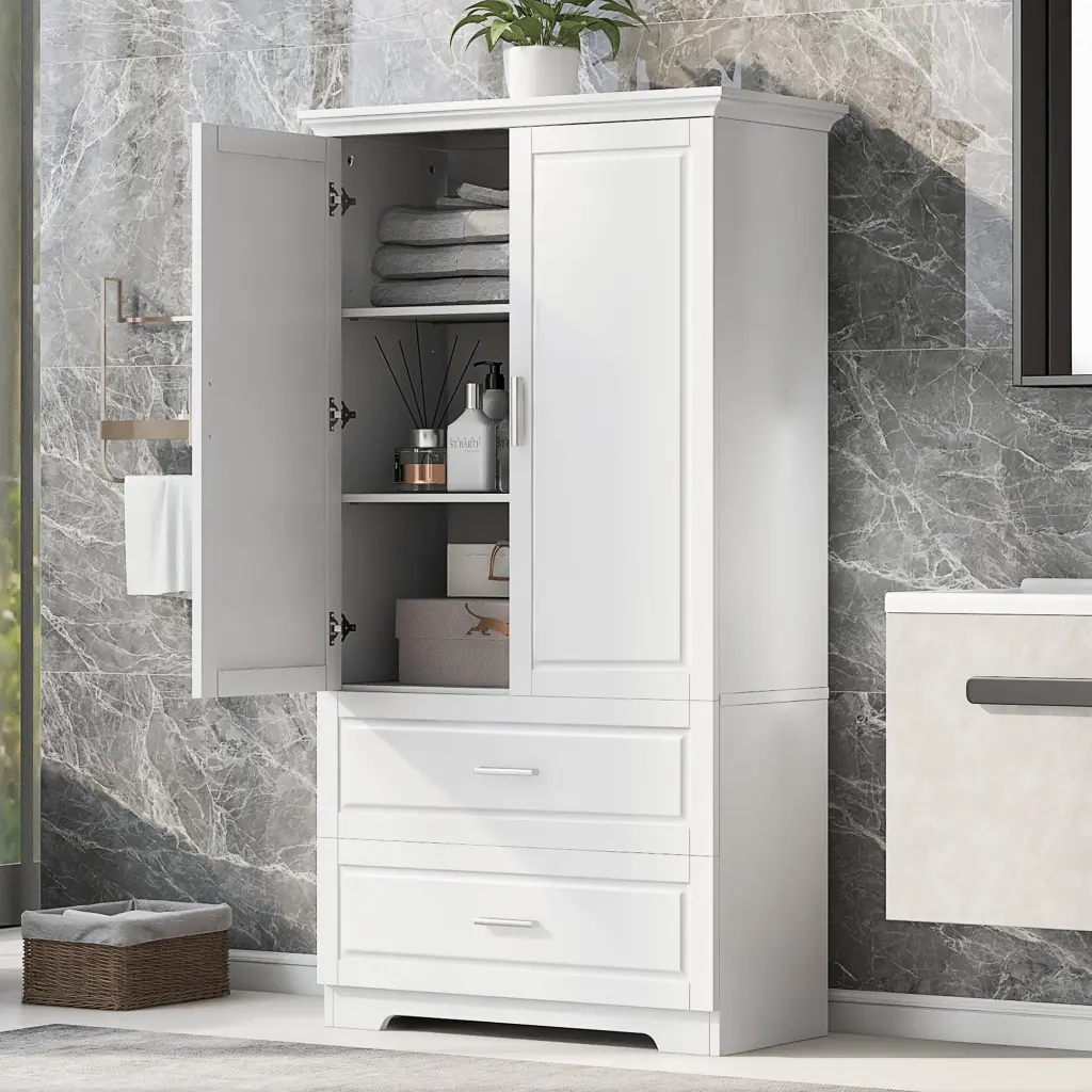 Tall Bathroom Storage Cabinet Two Doors and Drawers Adjustable Shelves rnb