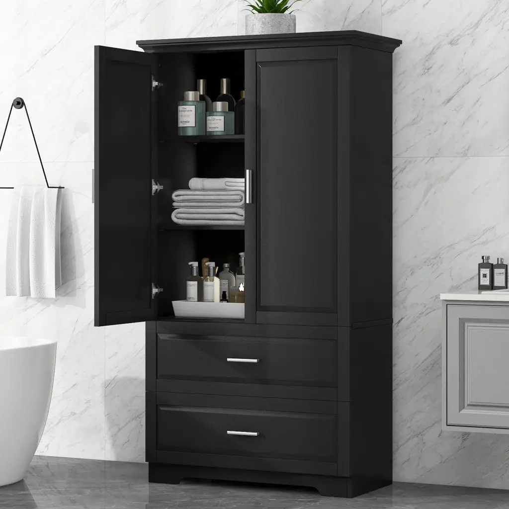 Tall Bathroom Storage Cabinet Two Doors And Drawers Adjustable Shelves rnb