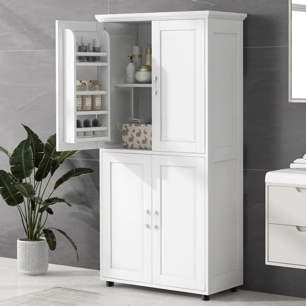 Tall and Wide Bathroom Floor Storage Cabinet Adjustable Shelves rnb