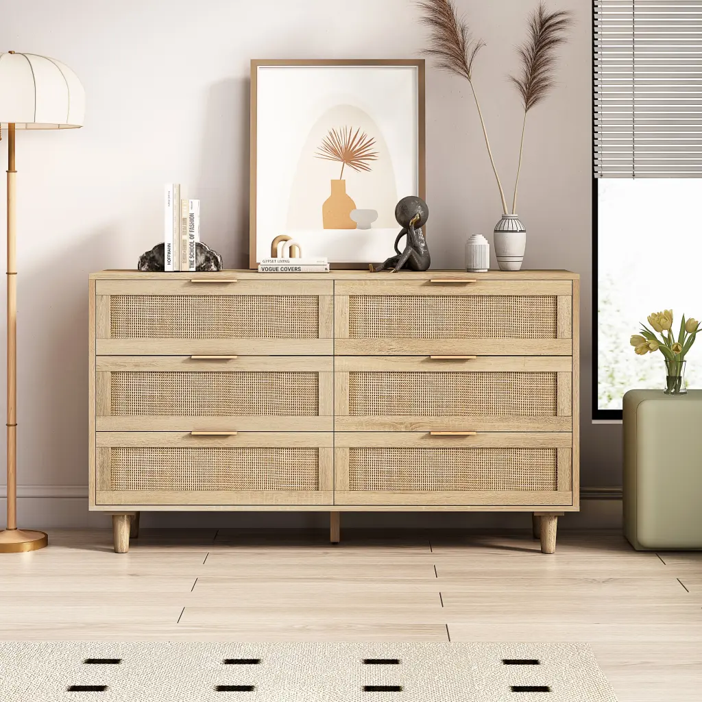 51.18 Inch 6 Drawer Rattan Storage Cabinet Bedroom Living Room spribung