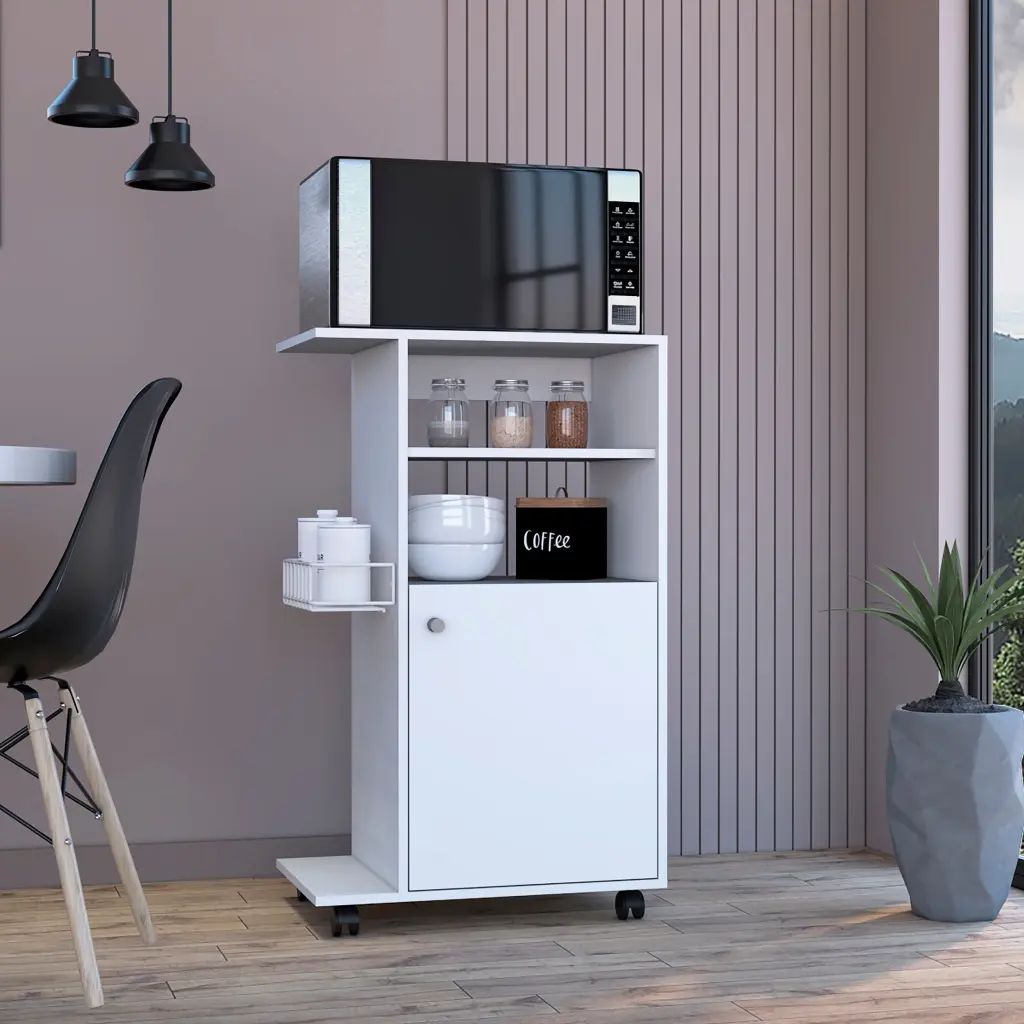 Clip Kitchen Shopping Basket Single Door Cabinet Four Casters White White Particle Board Storage tuhome