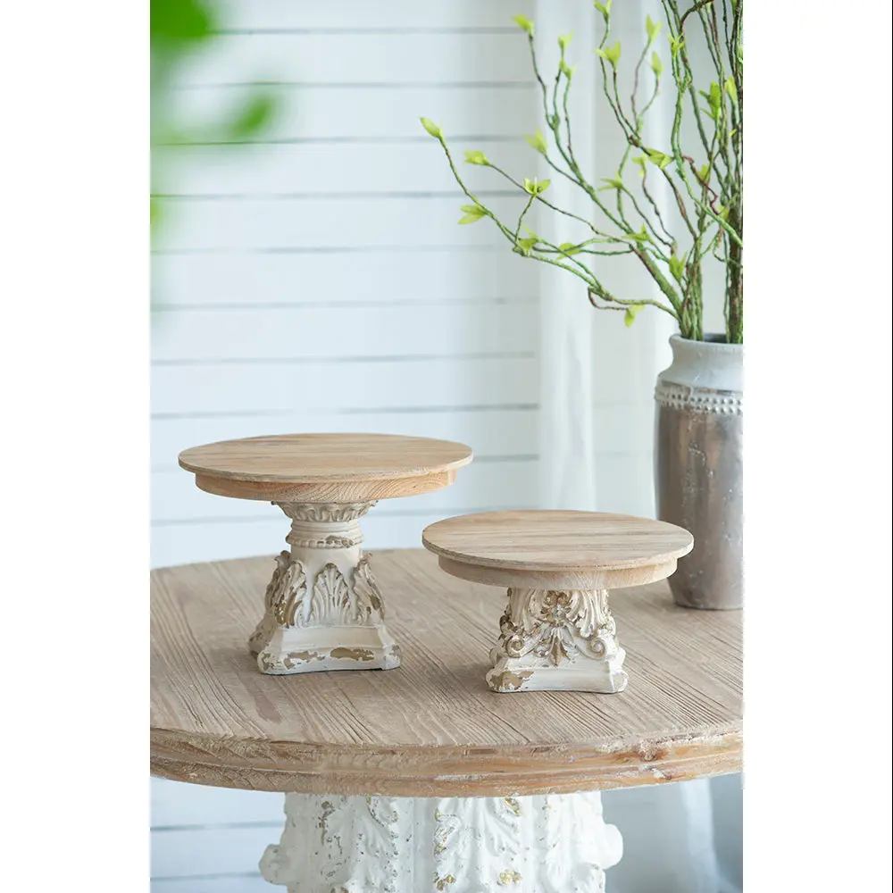 9.5x5.5 Inch Timber Cake Stand Magnesium Base Cream Brown w2078