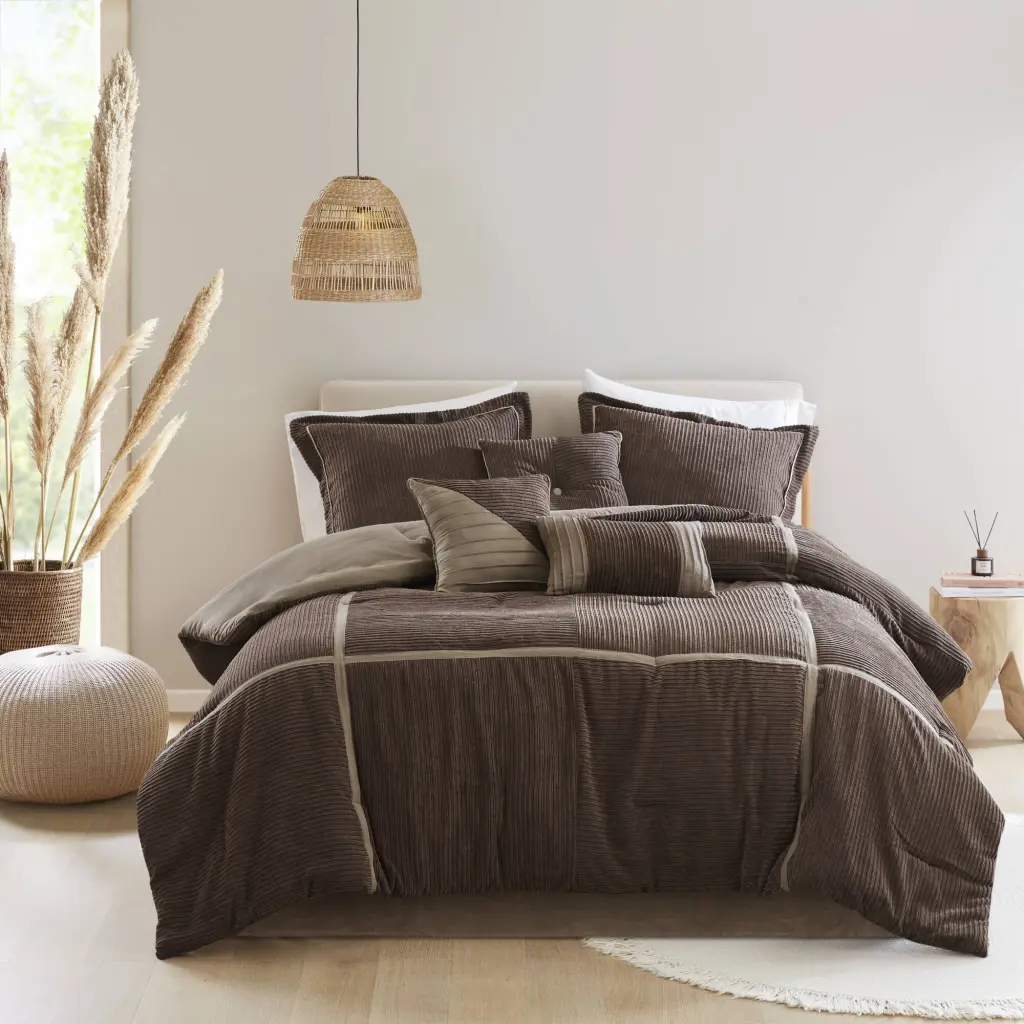 7 Piece Micro Corduroy Comforter Set Brown California King Size jla