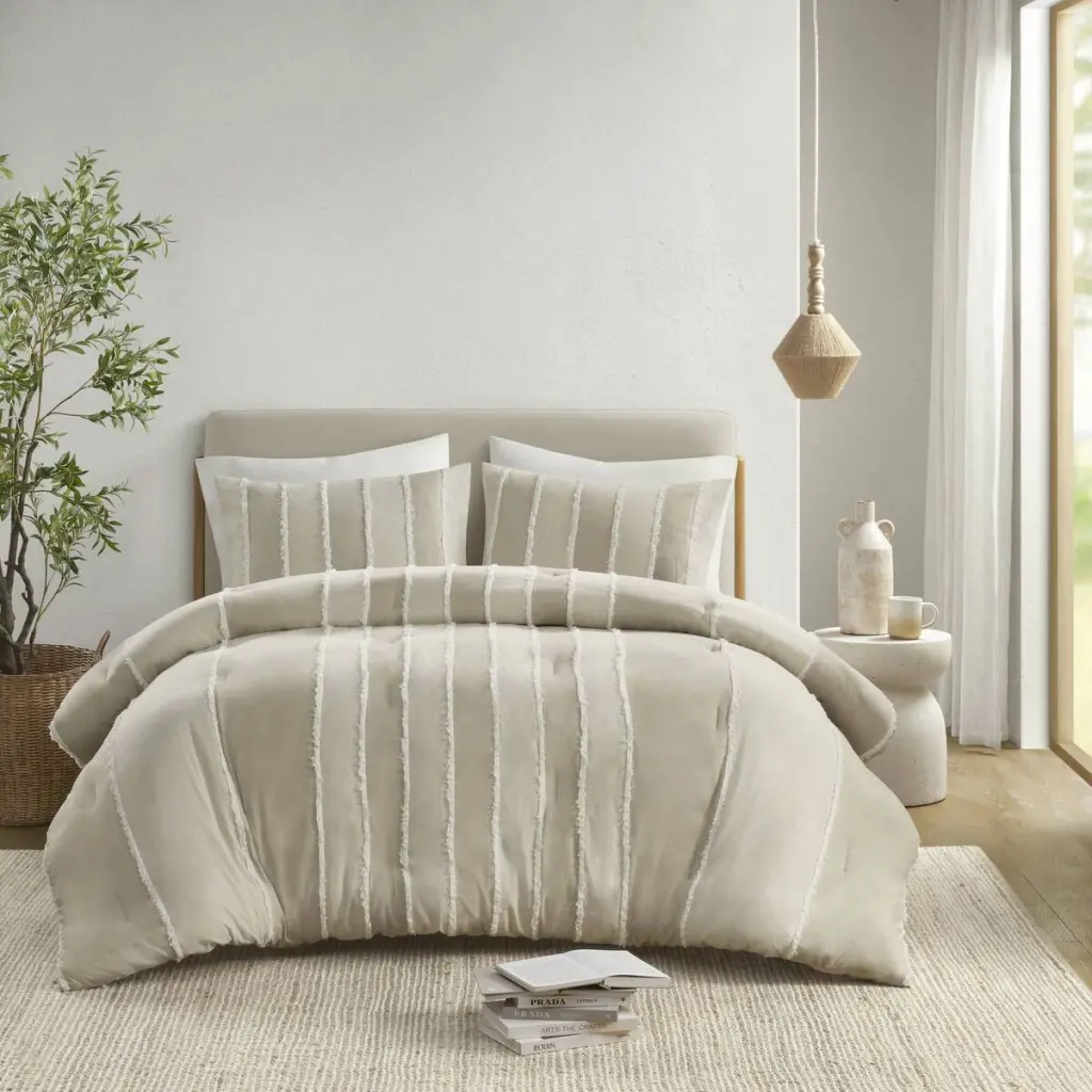 3 Piece Striped Cotton Comforter Set Taupe King California King Size jla