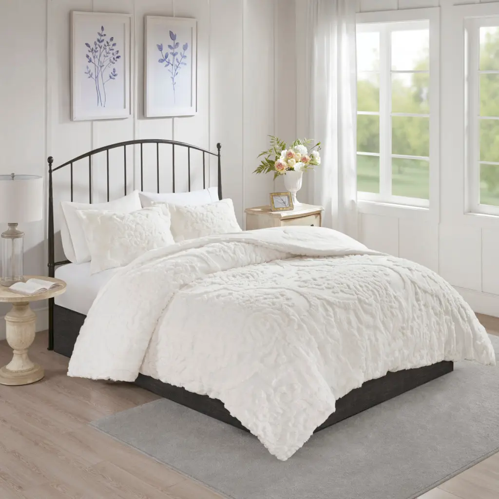 3 Piece Tufted Cotton Chenille Comforter Set Off White King Size California King jla
