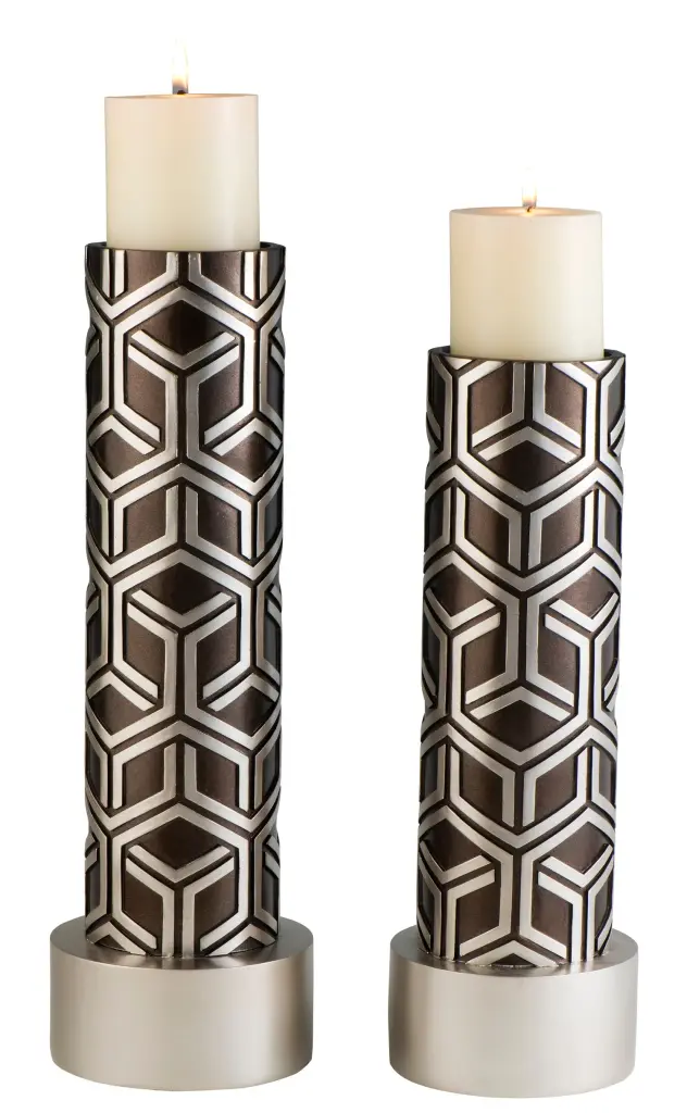 14 and 16 Inch Tall Polyresin Candleholder - Espresso and Shiny Metal Finish california home