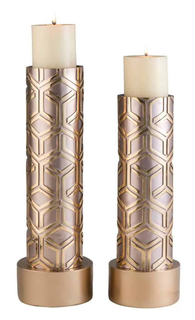 14 and 16 Inch Tall Polyresin Candleholder Set 2 - Precious Metal Finish california home