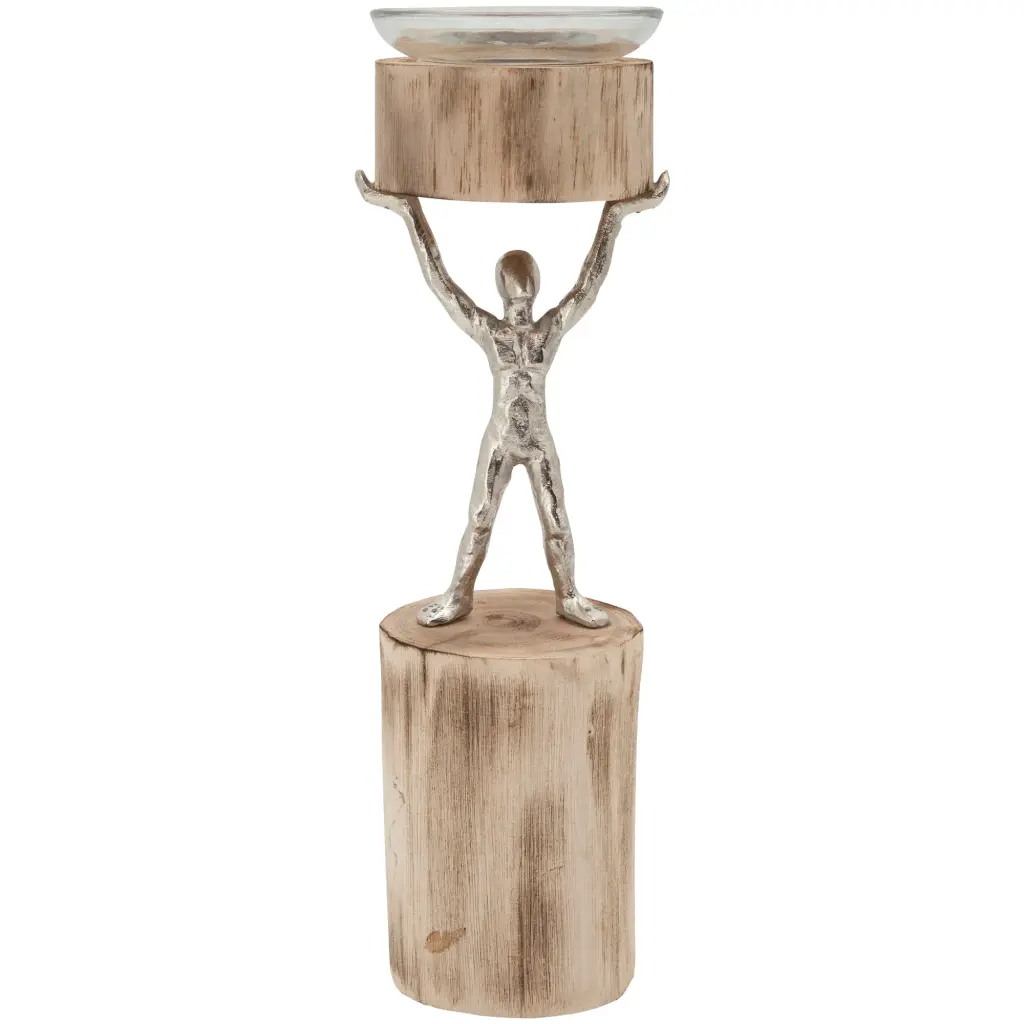 14 Inch Wooden Standing Man Candle Holder Brown And Shiny Metal Home Décor royal hampton