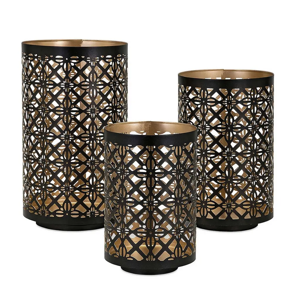 Set 3 Rounded Iron Candle Holder Lanterns Matte Black Gold Lattice Decorative Lighting royal hampton