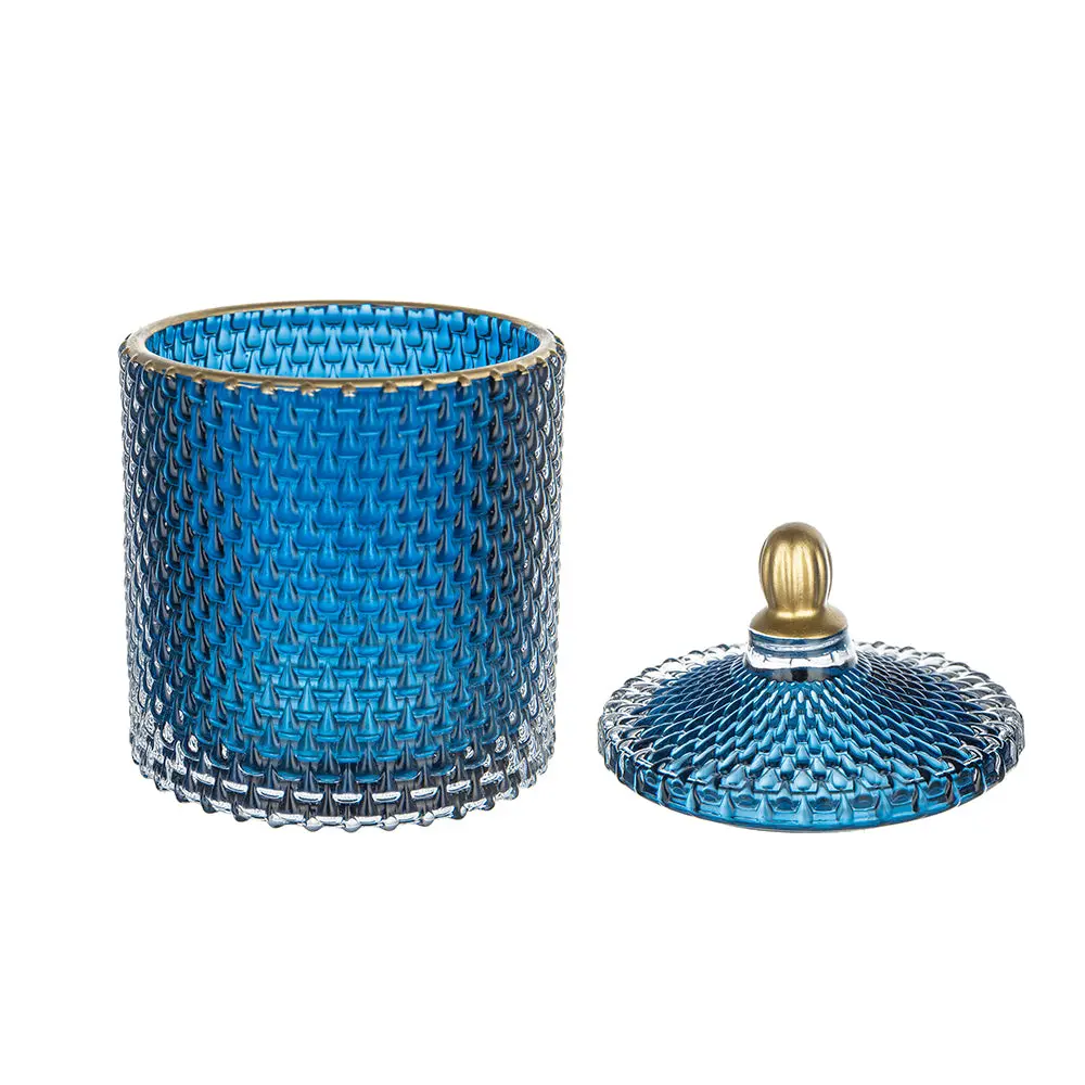 2 Glass Candy Jars Lids, Christmas Candy Containers Blue Gold w2078