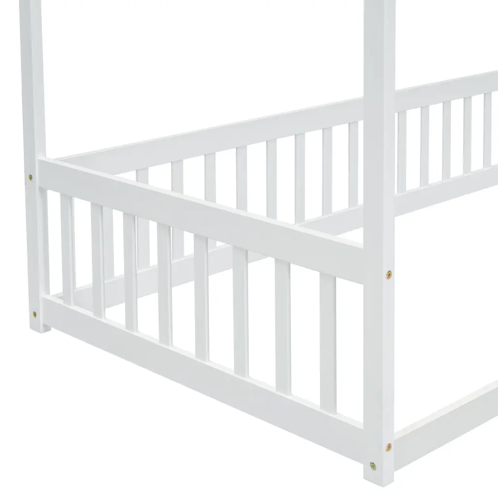Twin Canopy Frame Floor Bed Fence and Guardrails, White Finish Kids Room inspirit